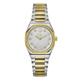 A two-tone wristwatch shown from the side profile, featuring a silver-toned metal link bracelet and a gold-toned case with a gold crown.
