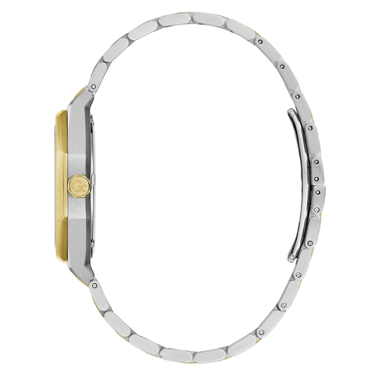 A two-tone wristwatch shown from the side profile, featuring a silver-toned metal link bracelet and a gold-toned case with a gold crown.