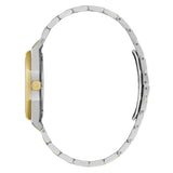 A two-tone wristwatch shown from the side profile, featuring a silver-toned metal link bracelet and a gold-toned case with a gold crown.