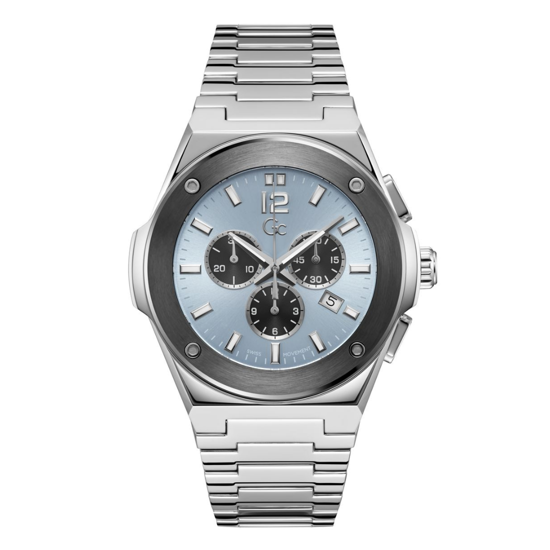 A silver stainless steel chronograph watch with a light blue dial and black sub-dials, shown on a clean white background.