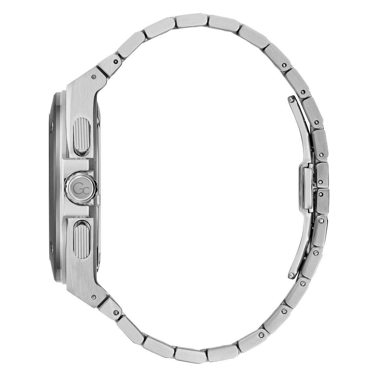 A silver stainless steel link watch band shown from the side profile against a plain white background.