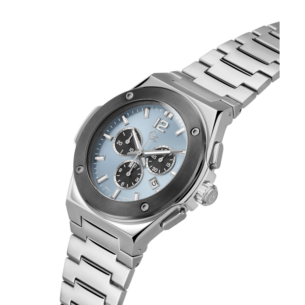 A silver stainless steel chronograph watch with a light blue dial and black sub-dials, shown on a clean white background.