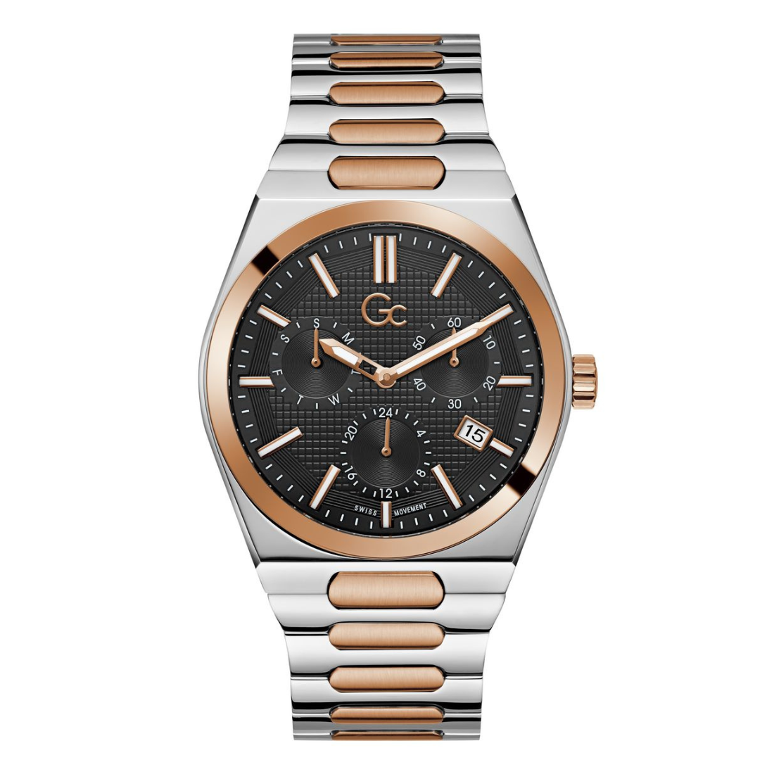 Luxury watch with silver and rose gold band on white background
