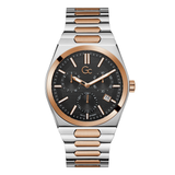 Luxury watch with silver and rose gold band on white background