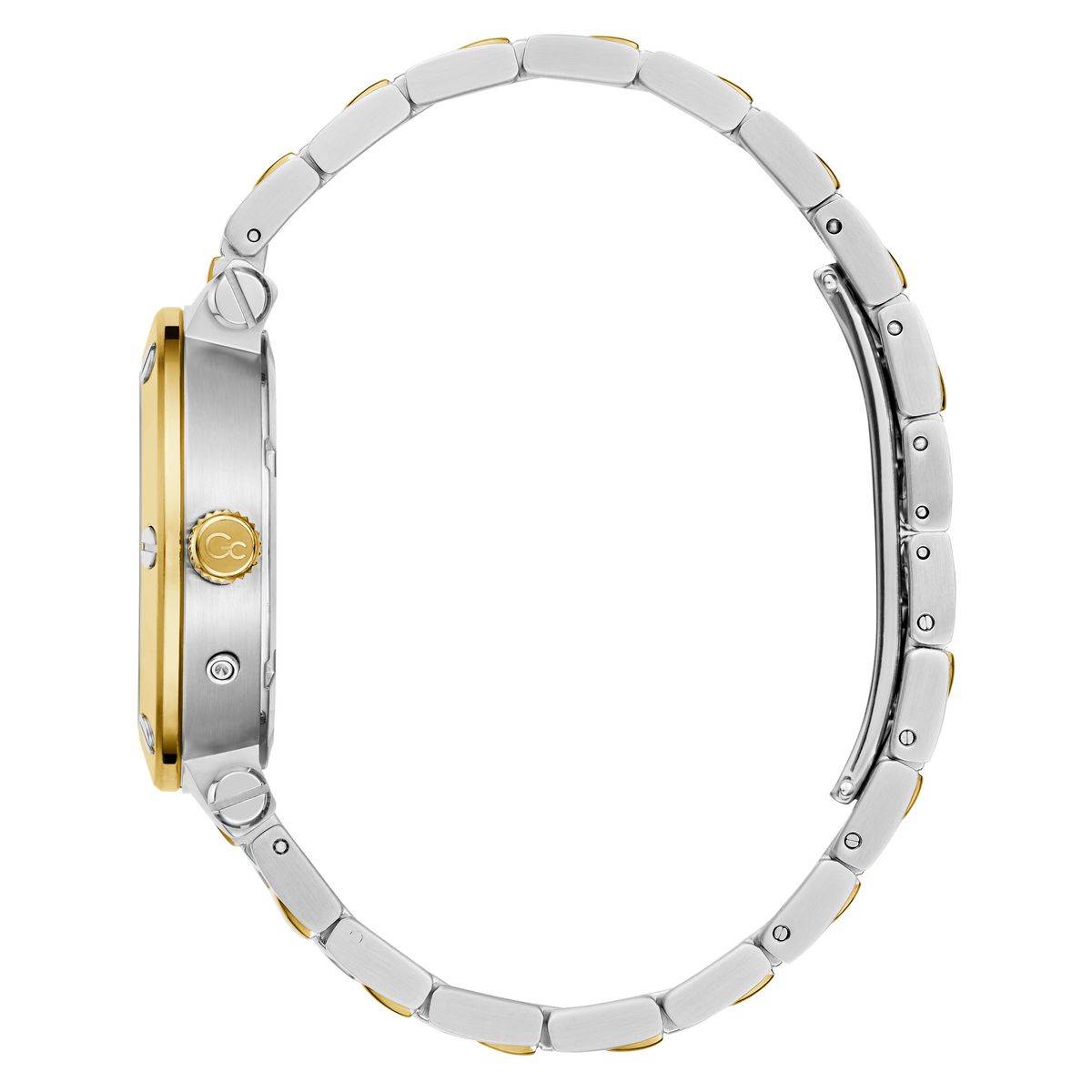 A two-tone stainless steel and yellow gold watch shown from the side profile, featuring a silver-toned metal link bracelet with gold accents and a matching silver and gold case.