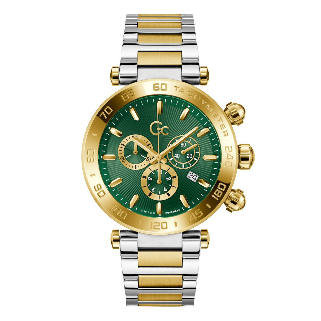 Gold and silver watch with green dial on a white background