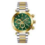 Gold and silver watch with green dial on a white background