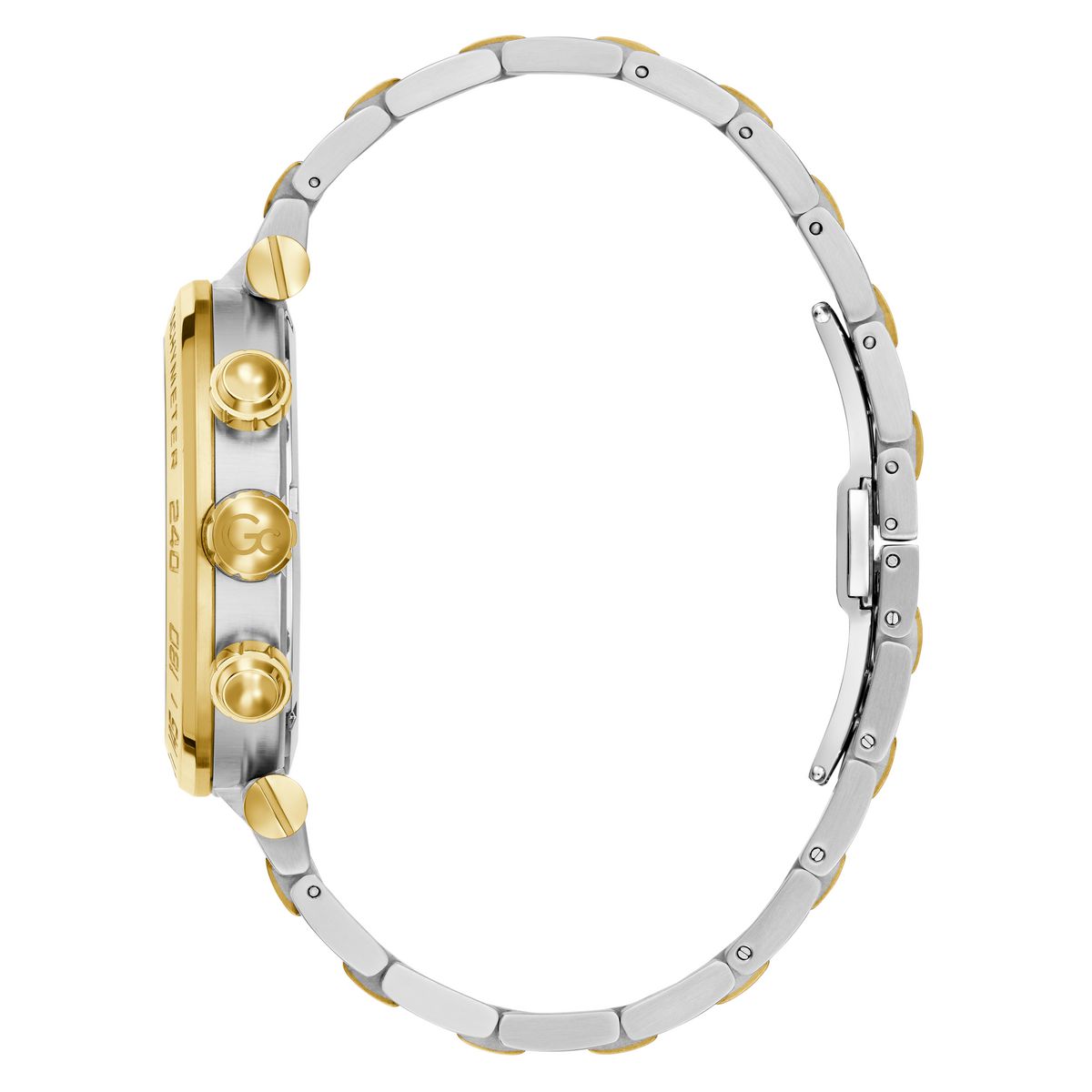 Two-tone watch with gold and silver accents on a white background