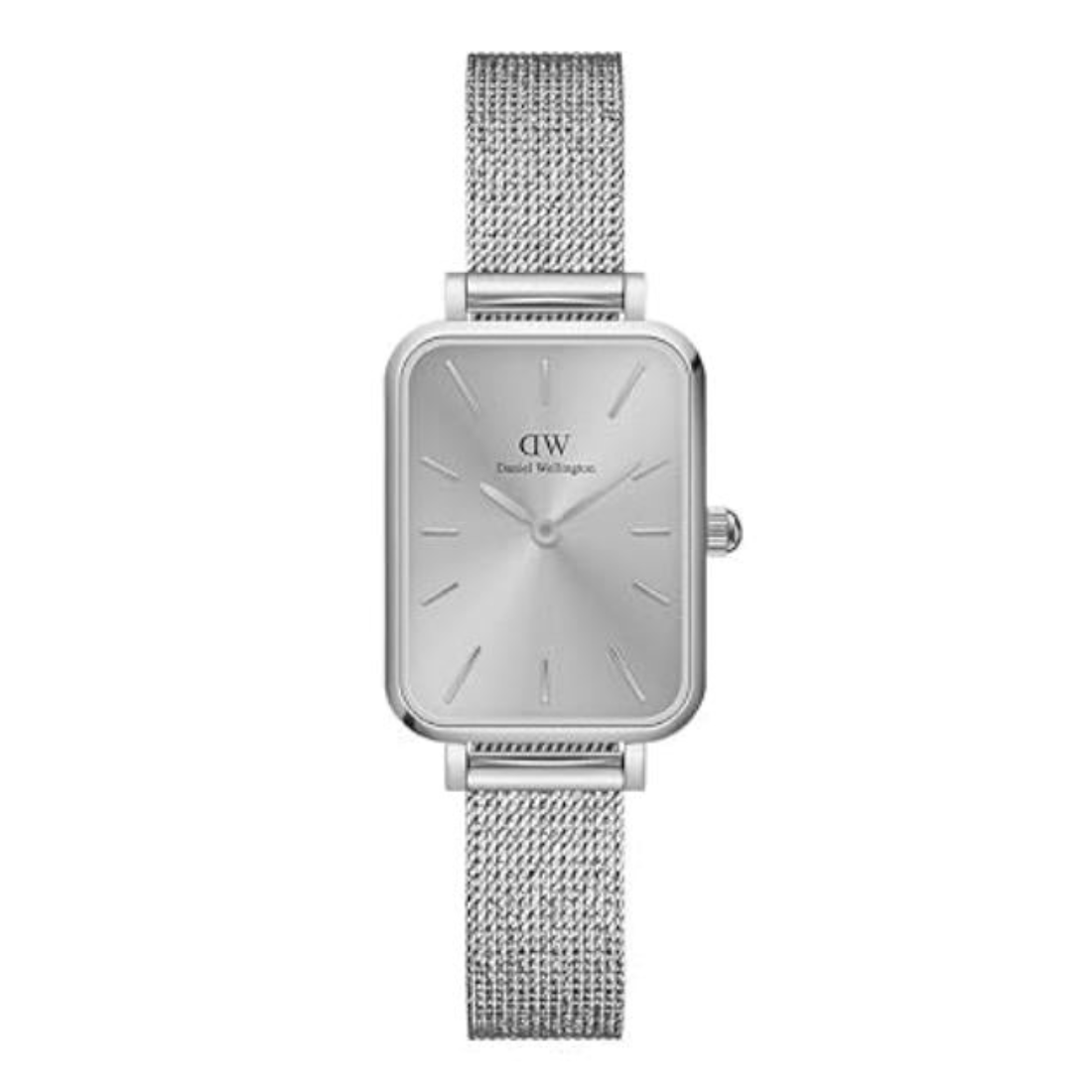 Silver watch with mesh band on a white background