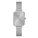 Silver watch with mesh band on a white background